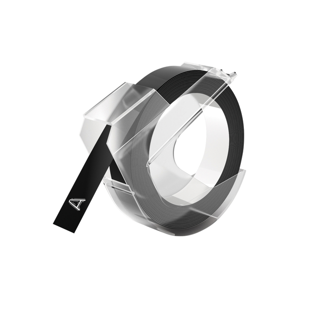 Reliëftape Dymo embossing plastic 9mm wit op zwart afbeelding