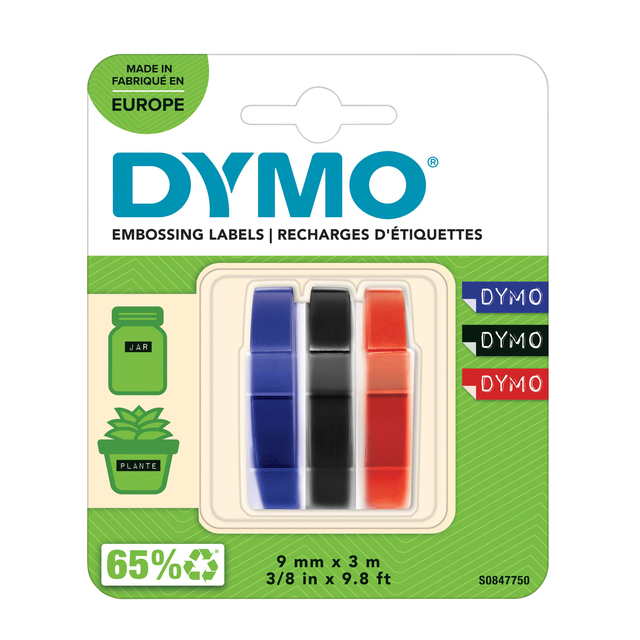 Reliëftape Dymo embossing vinyl 9mm assorti 3 stuks afbeelding