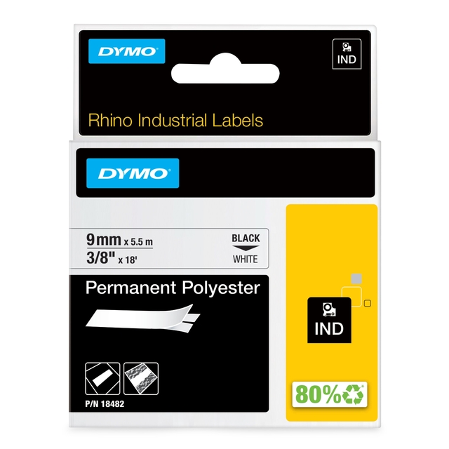 Labeltape Dymo Rhino industrieel polyester 9mm zwart op wit
