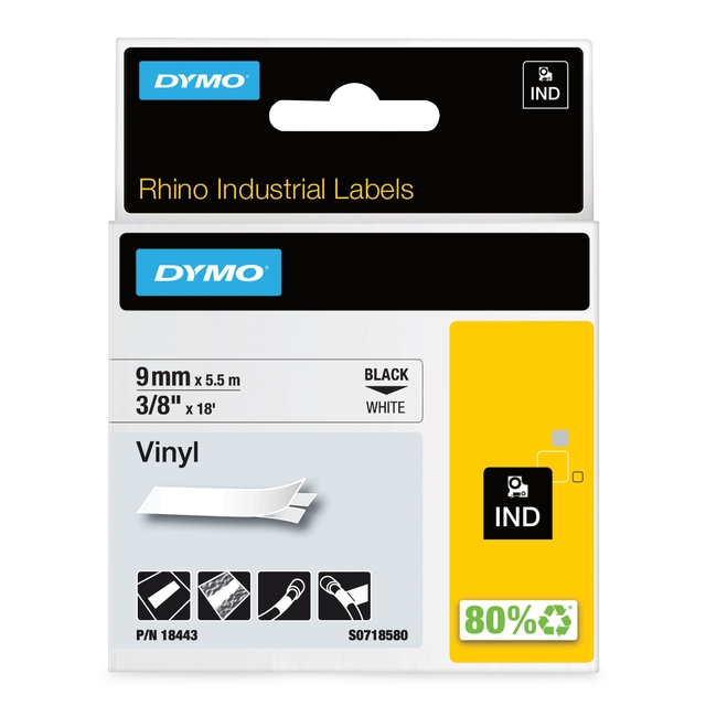 Labeltape Dymo Rhino industrieel vinyl 9mm zwart op wit