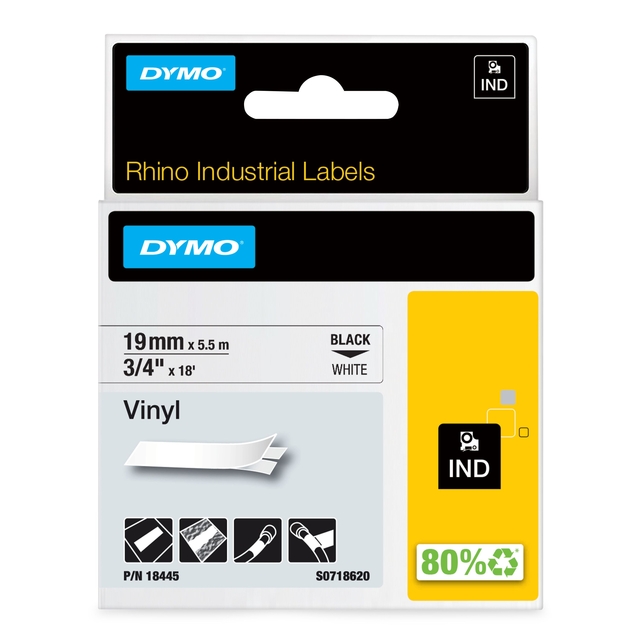 Labeltape Dymo Rhino industrieel vinyl 19mm zwart op wit afbeelding