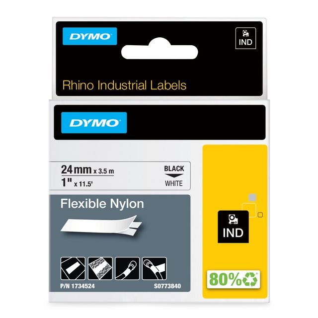 Labeltape Dymo Rhino industrieel nylon 24mm zwart op wit