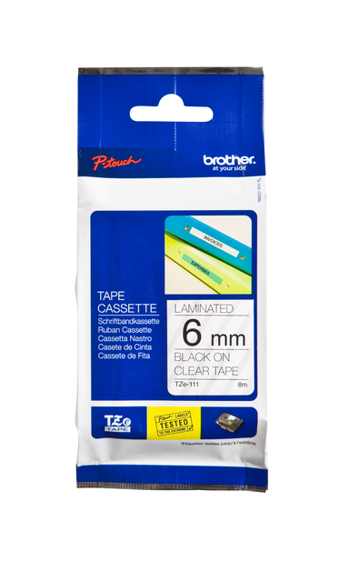 Labeltape Brother P-touch TZe-111 standaard 6mm zwart op transparant afbeelding