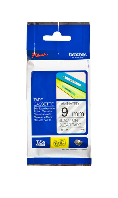 Labeltape Brother P-touch TZe-121 standaard 9mm zwart op transparant afbeelding