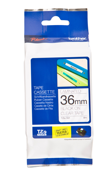 Labeltape Brother P-touch TZe-161 standaard 36mm zwart op transparant afbeelding