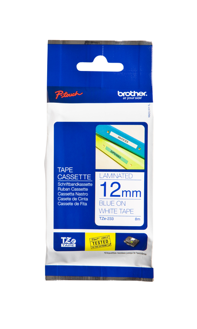 Labeltape Brother P-touch TZe-233 standaard 12mm blauw op wit afbeelding