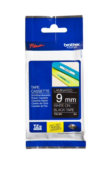 Labeltape Brother P-touch TZe-325 standaard 9mm wit op zwart afbeelding