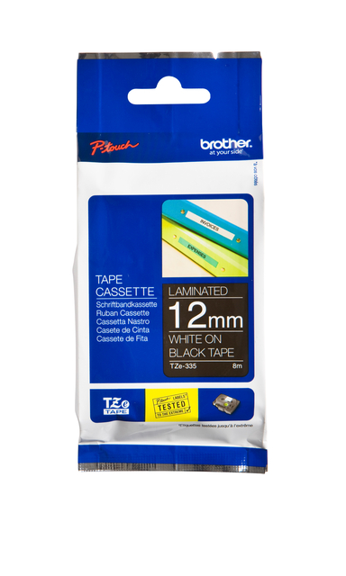 Labeltape Brother P-touch TZe-335 standaard 12mm wit op zwart afbeelding