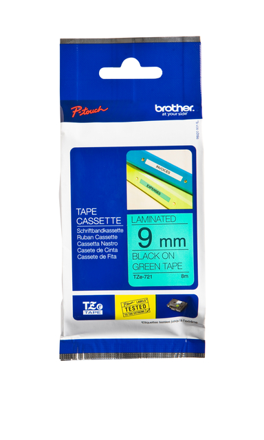 Labeltape Brother P-touch TZe-721 standaard 9mm zwart op groen afbeelding