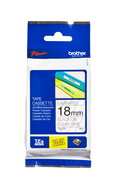 Labeltape Brother P-touch TZe-141 standaard 18mm zwart op transparant afbeelding