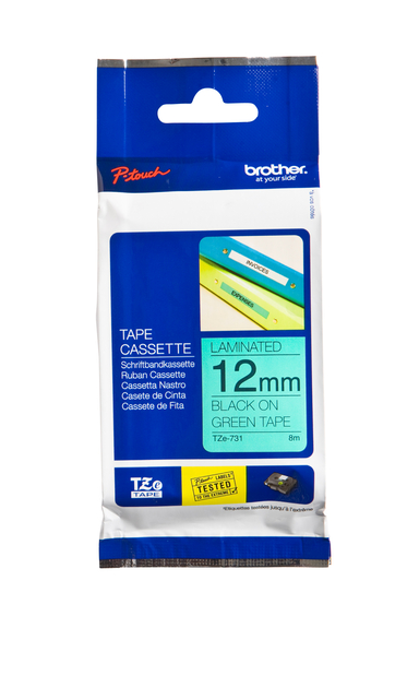 Labeltape Brother P-touch TZe-731 standaard 12mm zwart op groen afbeelding