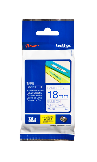 Labeltape Brother P-touch TZe-243 standaard 18mm blauw op wit afbeelding