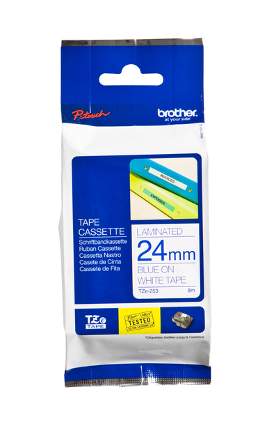 Labeltape Brother P-touch TZe-253 standaard 24mm blauw op wit afbeelding