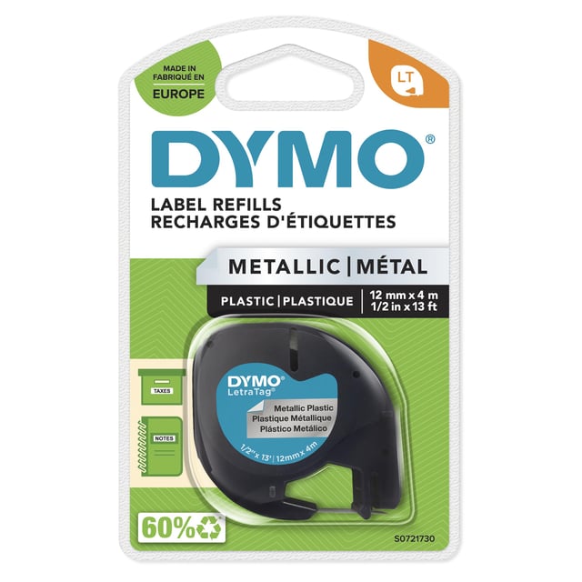 Labeltape Dymo LetraTag metallic 12mm zwart op zilver afbeelding