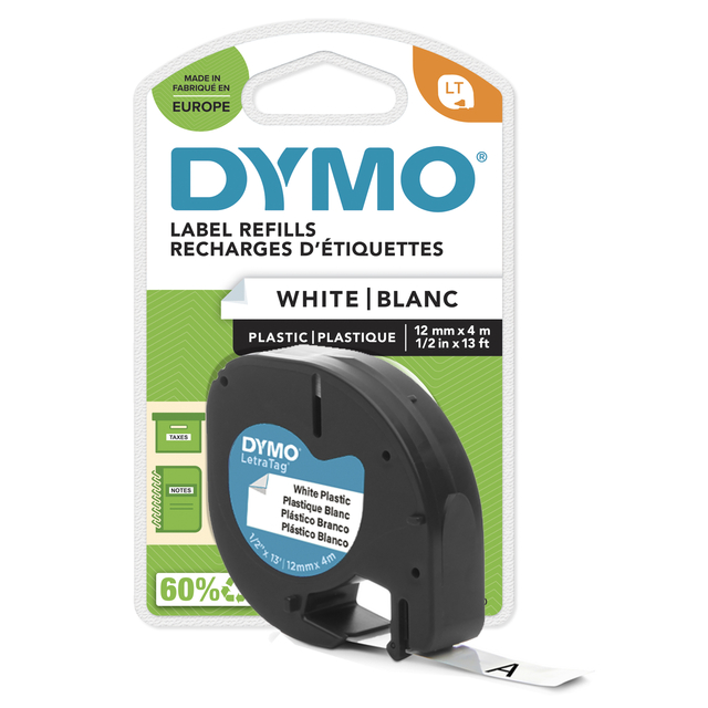 Labeltape Dymo LetraTag plastic 12mm zwart op wit afbeelding