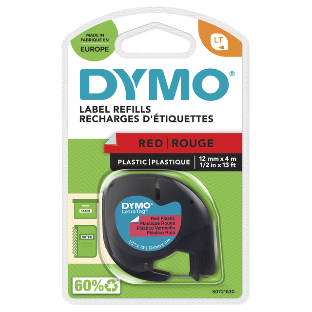 Labeltape Dymo LetraTag plastic 12mm zwart op rood afbeelding