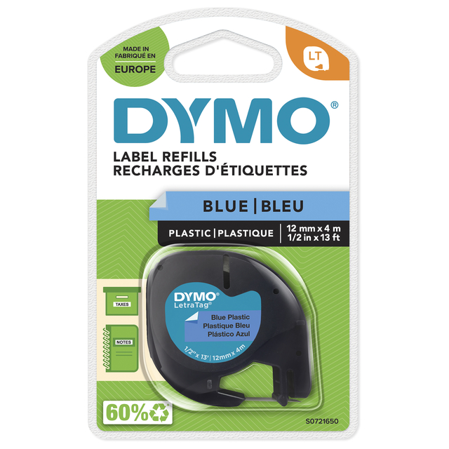 Labeltape Dymo LetraTag plastic 12mm zwart op blauw afbeelding