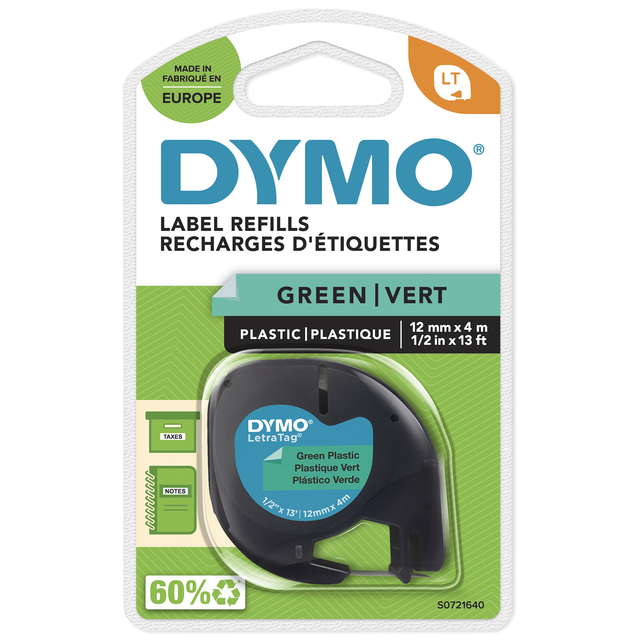 Labeltape Dymo LetraTag plastic 12mm zwart op groen afbeelding