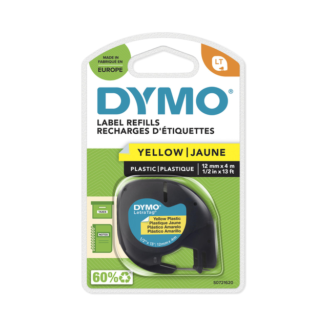 Labeltape Dymo LetraTag plastic 12mm zwart op geel afbeelding