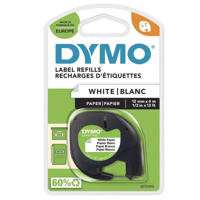 Labeltape Dymo LetraTag papier 12mm zwart op wit afbeelding