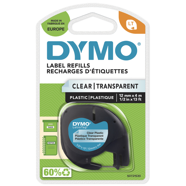 Labeltape Dymo LetraTag plastic 12mm zwart op transparant afbeelding