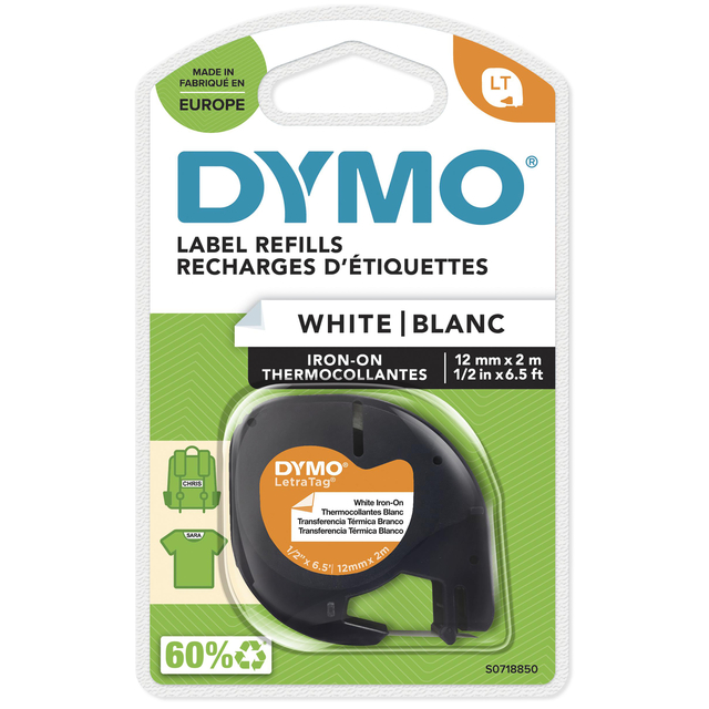 Labeltape Dymo LetraTag strijkbaar 12mm zwart op wit afbeelding