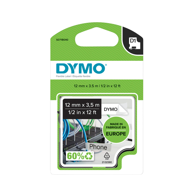 Labeltape Dymo LabelManager D1 nylon 12mm zwart op wit afbeelding