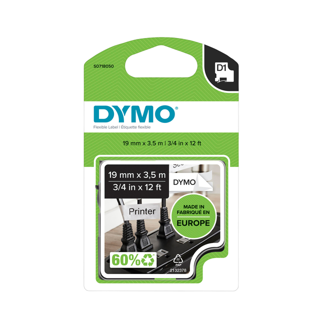 Labeltape Dymo LabelManager D1 nylon 19mm zwart op wit afbeelding