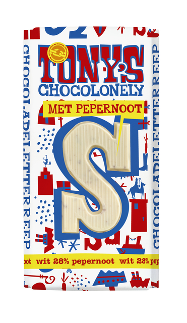 Chocoladeletter Tony&apos;s Chocolonely wit pepernoot S 180gr afbeelding