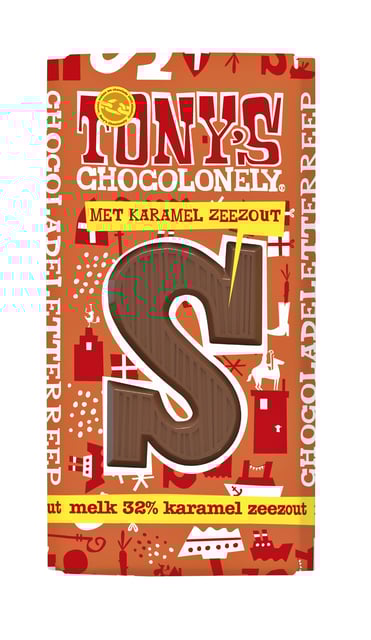 Chocoladeletter Tony&apos;s Chocolonely melk karamel zeezout S 180gr afbeelding