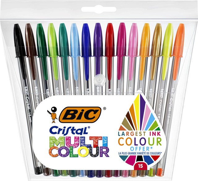 Balpen Bic Cristal large multicolour assorti etui à 15 stuks afbeelding