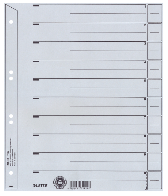 Scheidingsbladen Leitz A4 karton 200gr 6-gaats grijs 100 stuks afbeelding