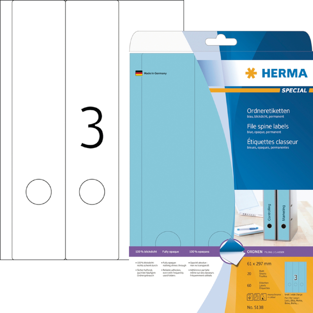 Rugetiket HERMA 5138 breed/lang 61x297mm zelfklevend blauw afbeelding