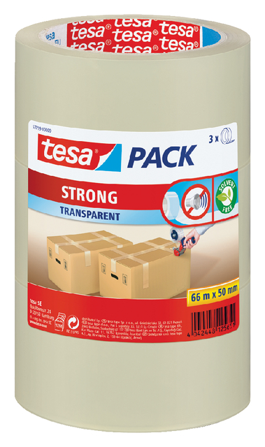 Verpakkingstape tesapack® Strong 66mx50mm PP transparant 3 rollen afbeelding