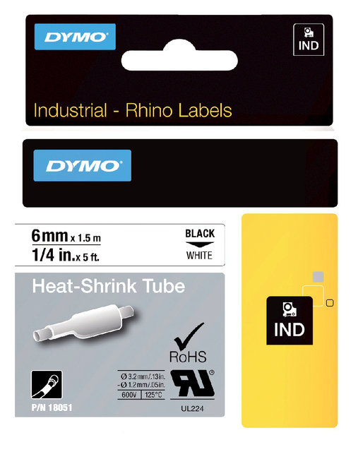 Labeltape Dymo Rhino industrieel krimpkous 6mm zwart op wit afbeelding