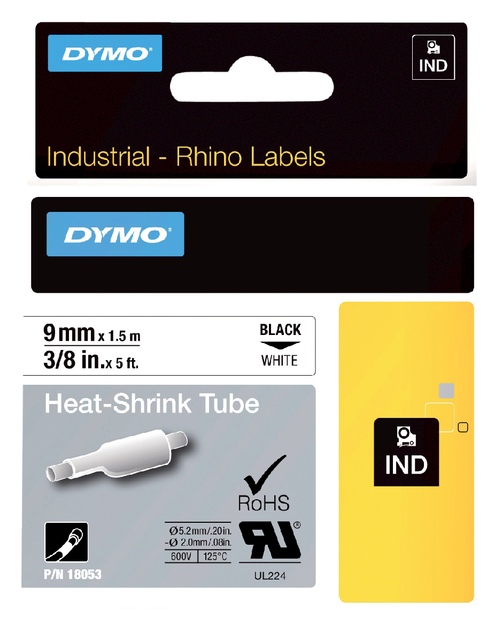 Labeltape Dymo Rhino industrieel krimpkous 9mm zwart op wit afbeelding