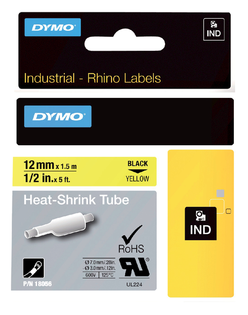Labeltape Dymo Rhino industrieel krimpkous 12mm zwart op geel afbeelding