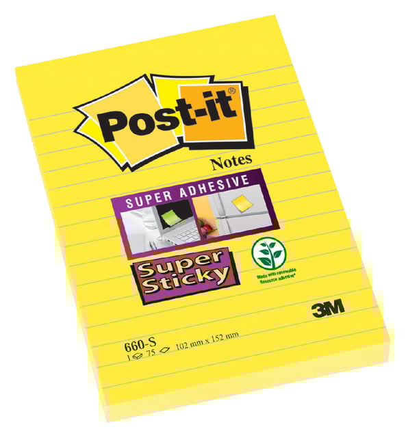 Memoblok Post-it 660 Super Sticky 102x152 geel met lijn 75 vel afbeelding