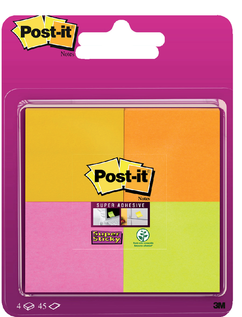 Memoblok Post-it 6910 Super Sticky 51x51mm assorti 4 stuks afbeelding