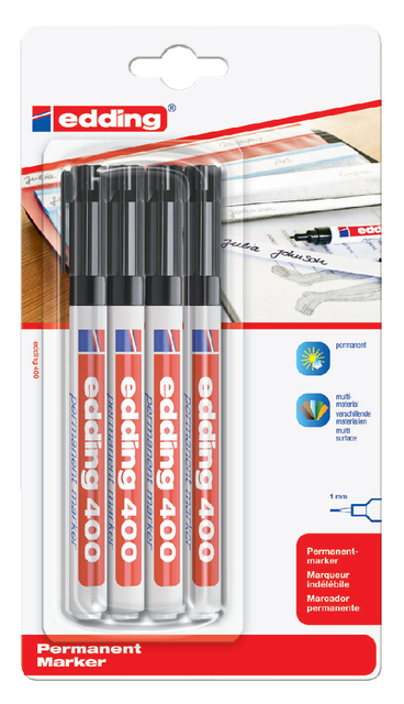 Viltstift edding 400 rond 1mm zwart blister à 4 stuks afbeelding
