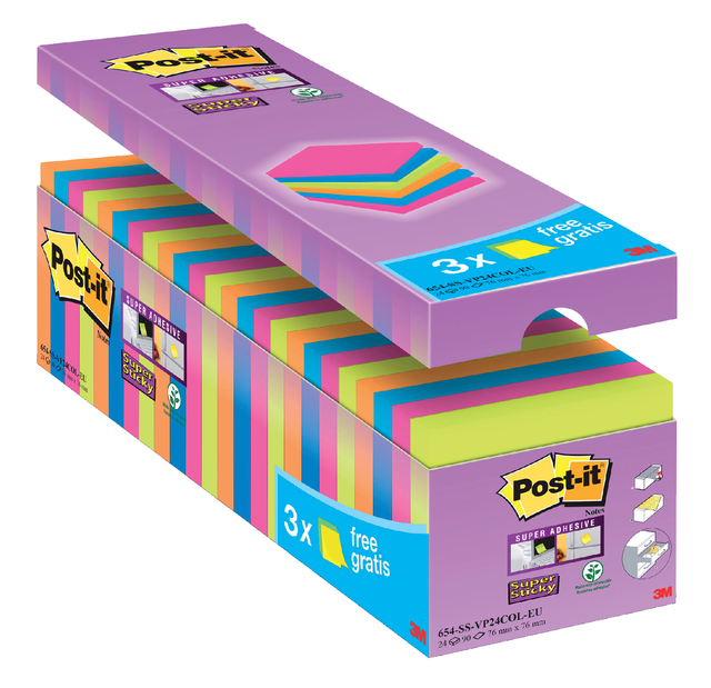 Memoblok Post-it 654 Super Sticky 76x76mm 21+3 gratis assorti — Foto 2 van 2