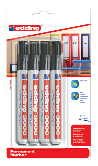 Viltstift edding 3000 rond 1.5-3mm zwart blister à 4 stuks afbeelding