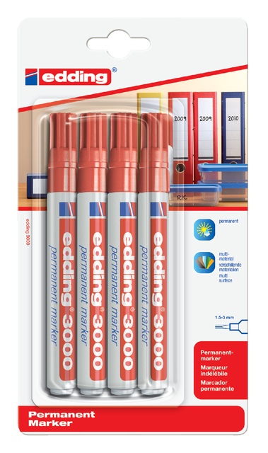 Viltstift edding 3000 rond 1.5-3mm rood blister à 4 stuk afbeelding