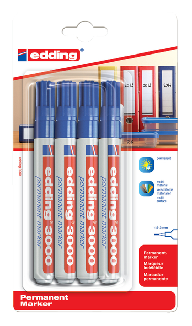 Viltstift edding 3000 rond 1.5-3mm blauw blister à 4 stuks afbeelding