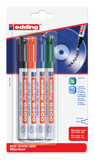 Cd marker edding 8400 rond 0.5-1.0mm assorti blister à 4 stuks afbeelding