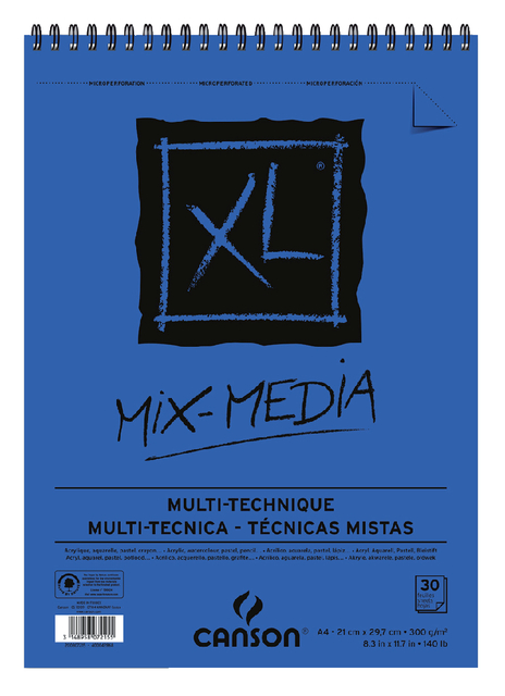 Aquarelblok Canson XL Mix Media A4 300gr spiraal 30 vel afbeelding