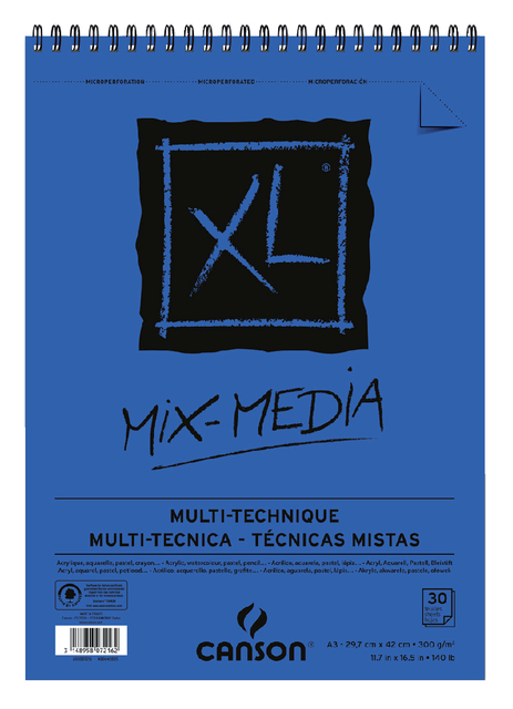 Aquarelblok Canson XL Mix Media A3 300gr spiraal 30 vel afbeelding