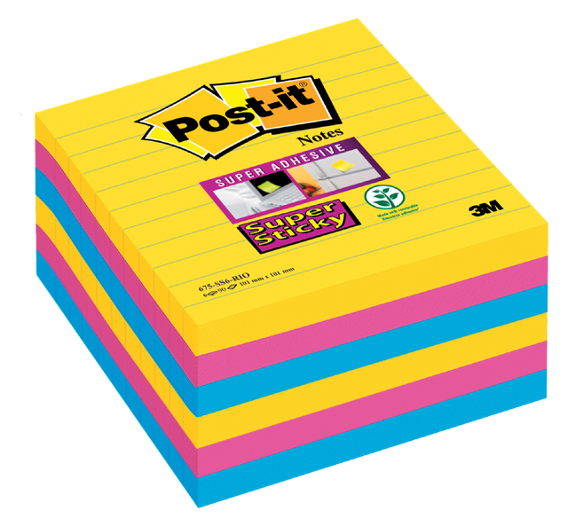 Post-it Memoblok 675 Super Sticky 101x101mm lijn Rio 6 stuks