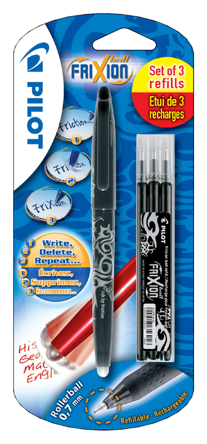 Rollerpen PILOT friXion medium zwart blister à 1 stuk + 3 vullingen afbeelding