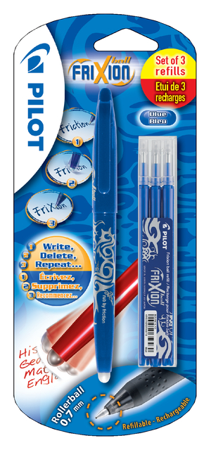 Rollerpen PILOT friXion medium blauw blister à 1 stuk + 3 vullingen afbeelding